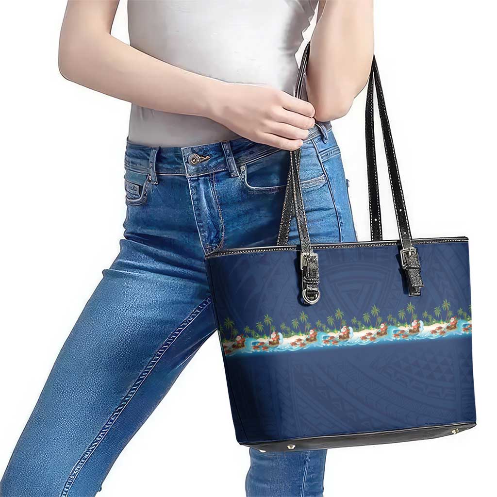 Hawaii Santa Riding Sea Turtle Leather Tote Bag Mele Kalikimaka Polynesian Pattern - Polynesian Pride