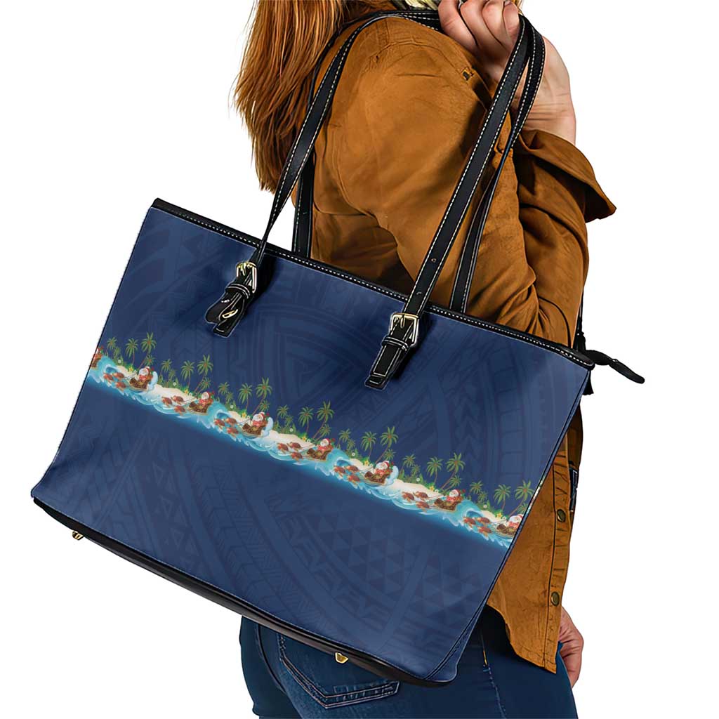 Hawaii Santa Riding Sea Turtle Leather Tote Bag Mele Kalikimaka Polynesian Pattern - Polynesian Pride