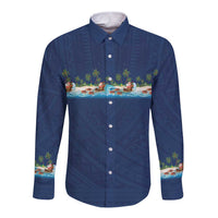 Hawaii Santa Riding Sea Turtle Long Sleeve Button Shirt Mele Kalikimaka Polynesian Pattern - Polynesian Pride