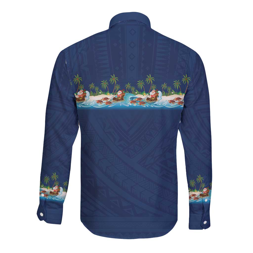 Hawaii Santa Riding Sea Turtle Long Sleeve Button Shirt Mele Kalikimaka Polynesian Pattern - Polynesian Pride