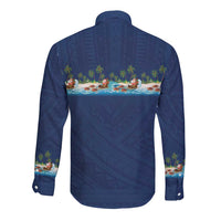 Hawaii Santa Riding Sea Turtle Long Sleeve Button Shirt Mele Kalikimaka Polynesian Pattern - Polynesian Pride