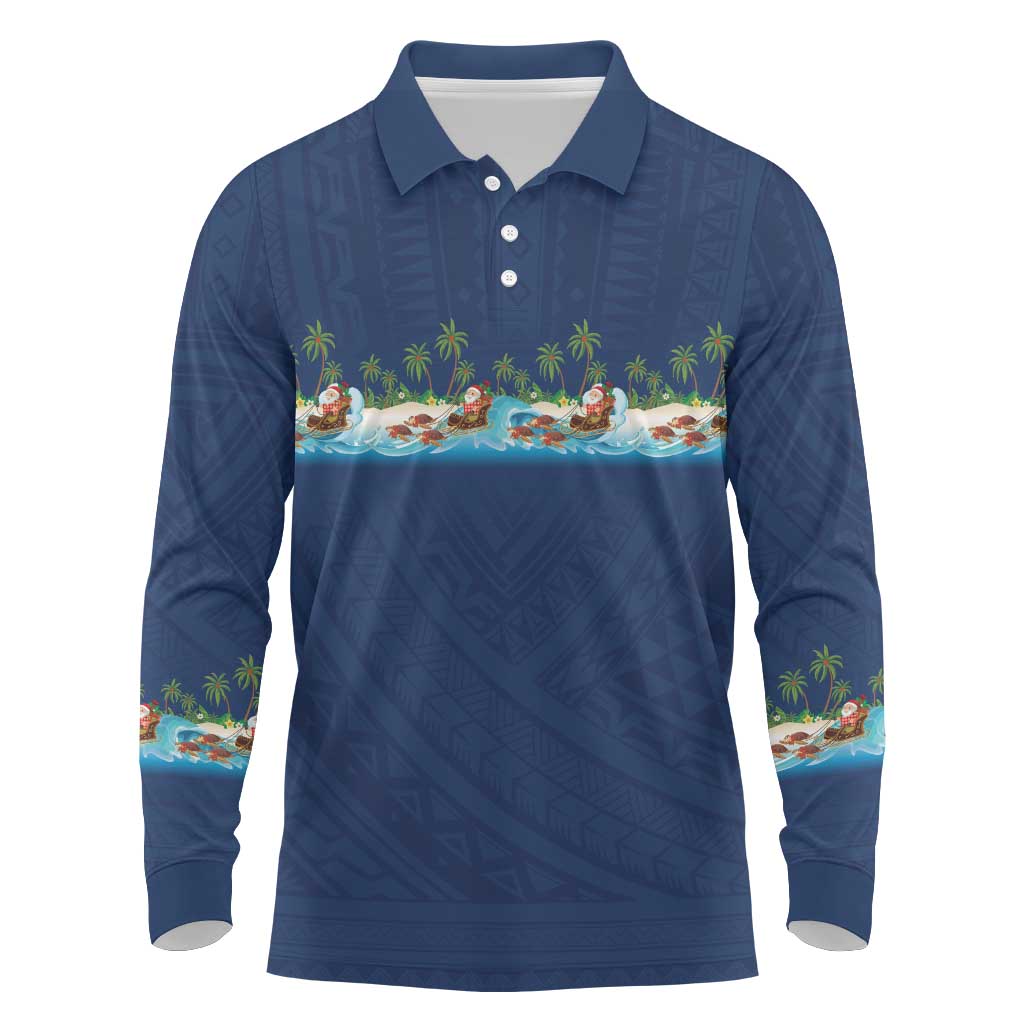 Hawaii Santa Riding Sea Turtle Long Sleeve Polo Shirt Mele Kalikimaka Polynesian Pattern - Polynesian Pride