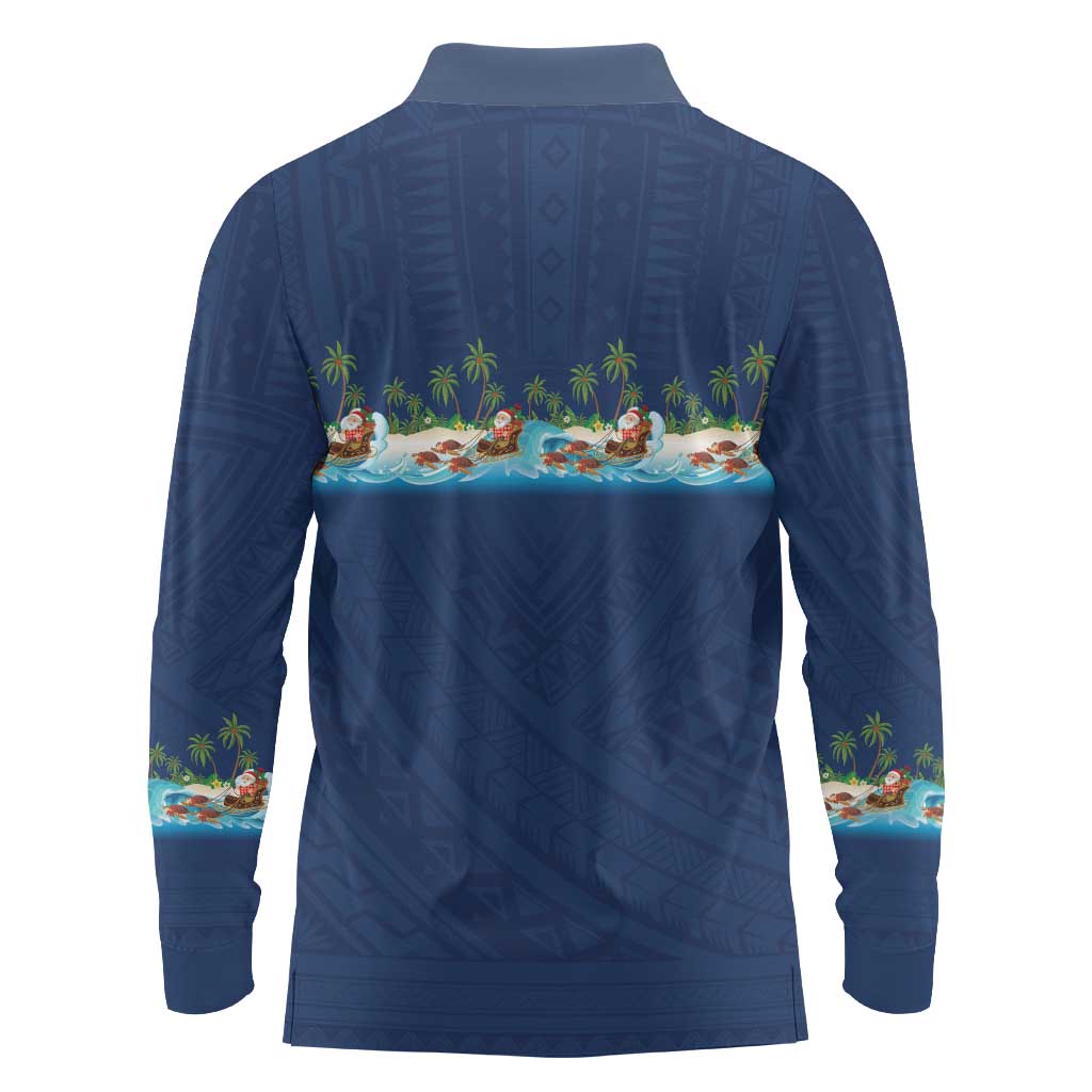 Hawaii Santa Riding Sea Turtle Long Sleeve Polo Shirt Mele Kalikimaka Polynesian Pattern - Polynesian Pride