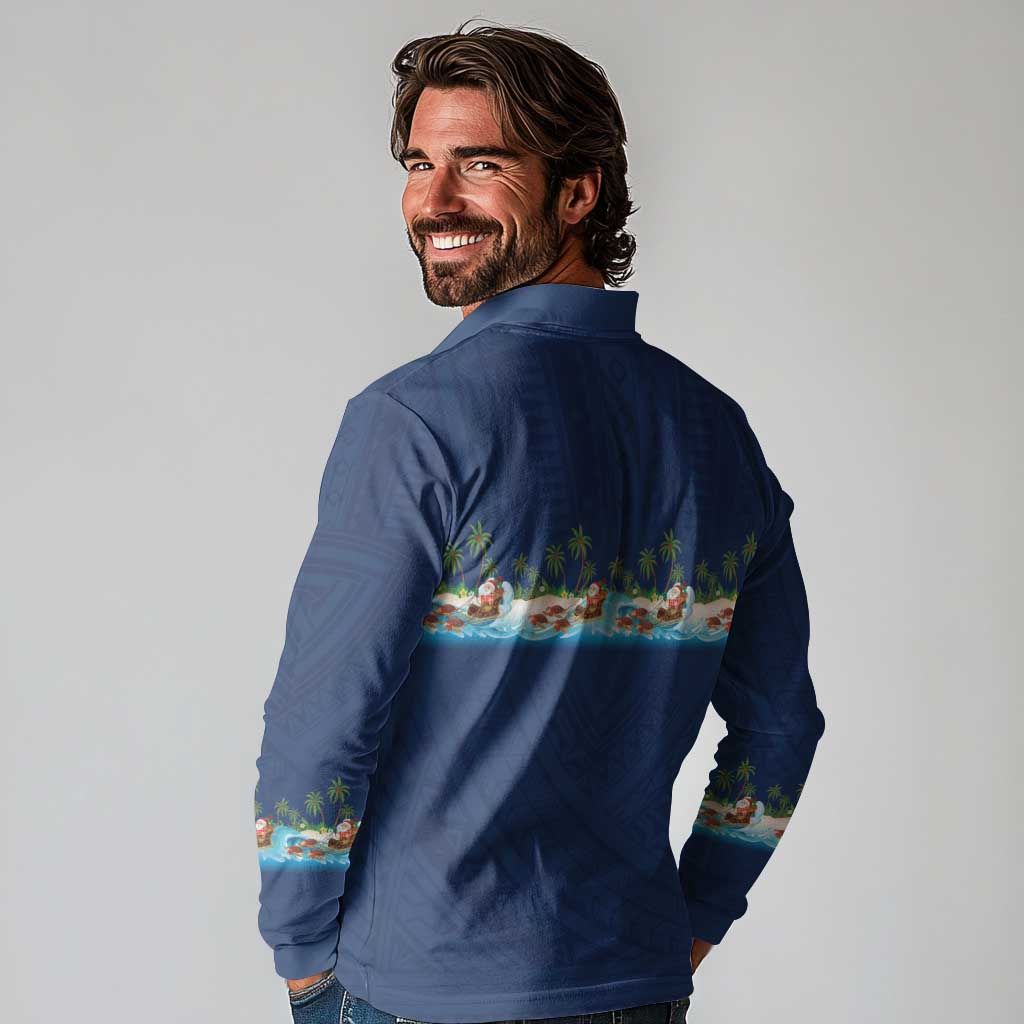 Hawaii Santa Riding Sea Turtle Long Sleeve Polo Shirt Mele Kalikimaka Polynesian Pattern - Polynesian Pride