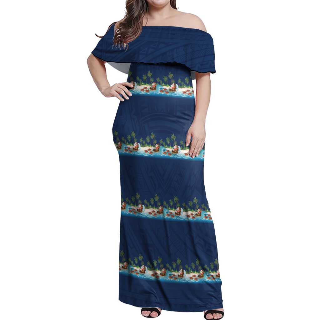 Hawaii Santa Riding Sea Turtle Off Shoulder Maxi Dress Mele Kalikimaka Polynesian Pattern - Polynesian Pride