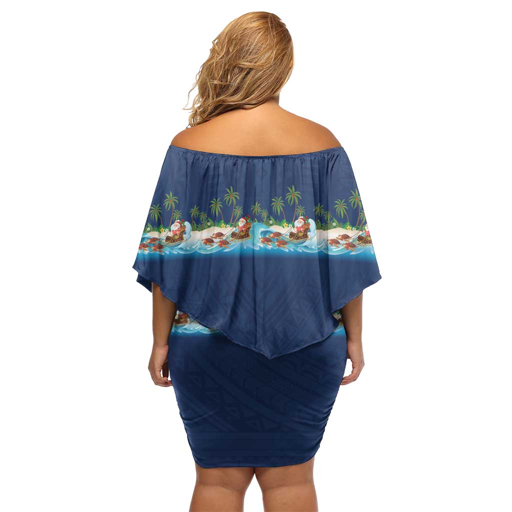 Hawaii Santa Riding Sea Turtle Off Shoulder Short Dress Mele Kalikimaka Polynesian Pattern - Polynesian Pride
