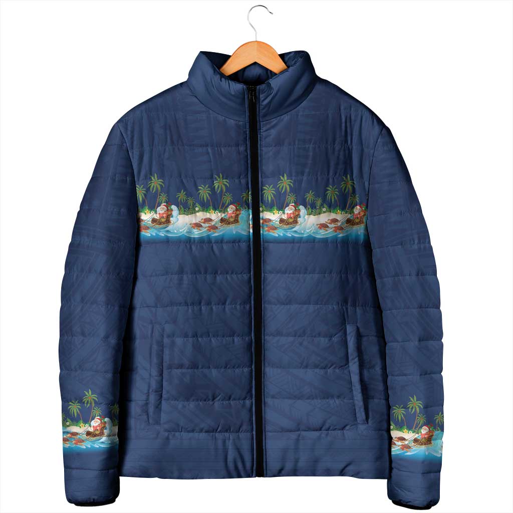 Hawaii Santa Riding Sea Turtle Padded Jacket Mele Kalikimaka Polynesian Pattern - Polynesian Pride