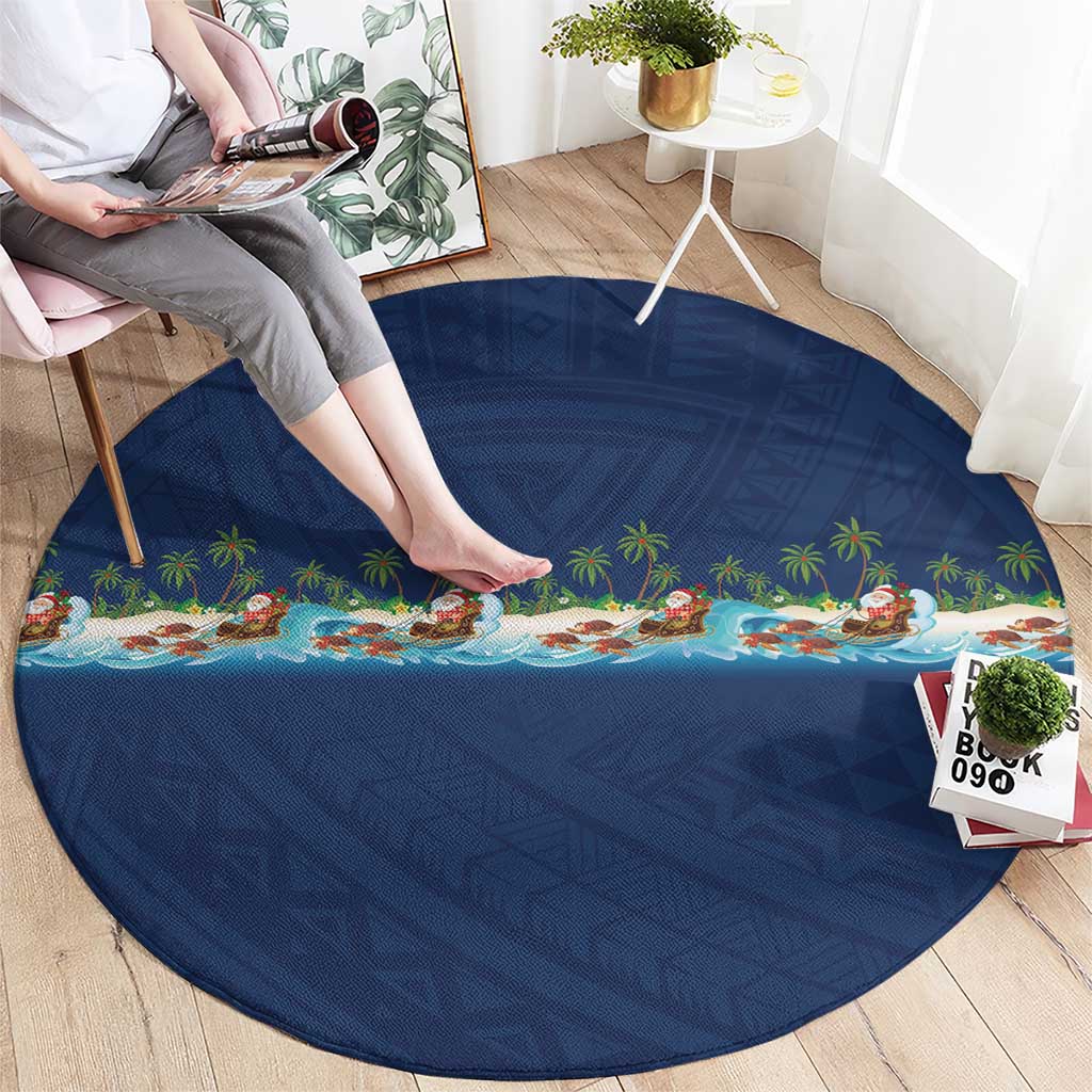 Hawaii Santa Riding Sea Turtle Round Carpet Mele Kalikimaka Polynesian Pattern - Polynesian Pride