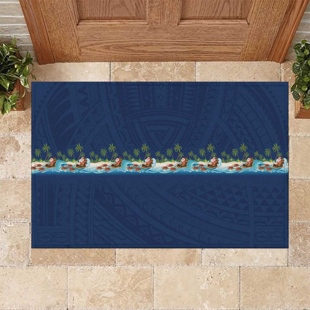Hawaii Santa Riding Sea Turtle Rubber Doormat Mele Kalikimaka Polynesian Pattern - Polynesian Pride