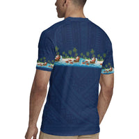 Hawaii Santa Riding Sea Turtle Rugby Jersey Mele Kalikimaka Polynesian Pattern - Polynesian Pride