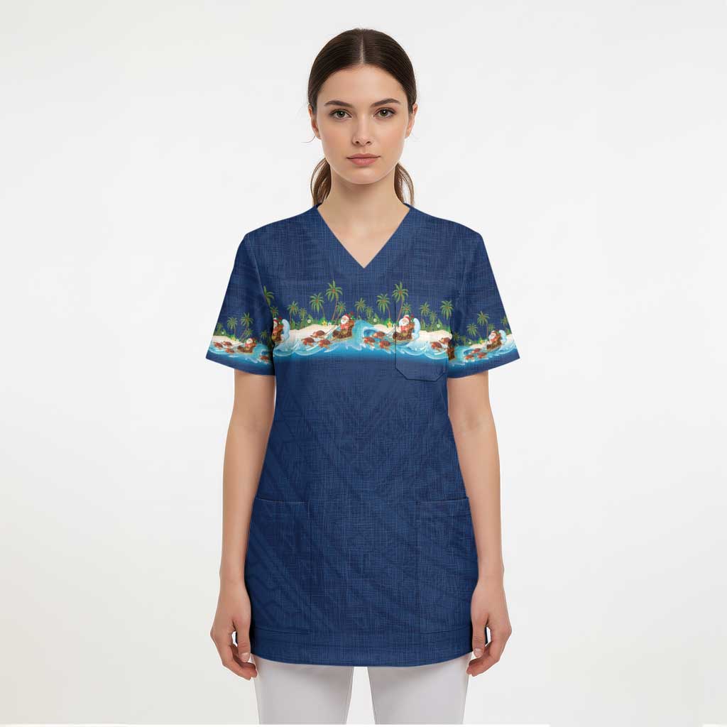 Hawaii Santa Riding Sea Turtle Scrub Top Mele Kalikimaka Polynesian Pattern - Polynesian Pride