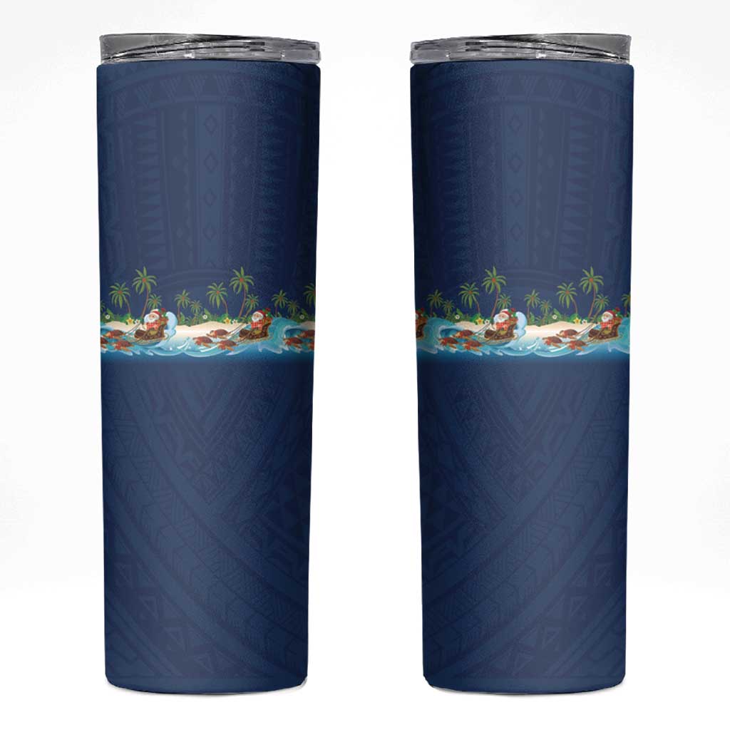 Hawaii Santa Riding Sea Turtle Skinny Tumbler Mele Kalikimaka Polynesian Pattern - Polynesian Pride