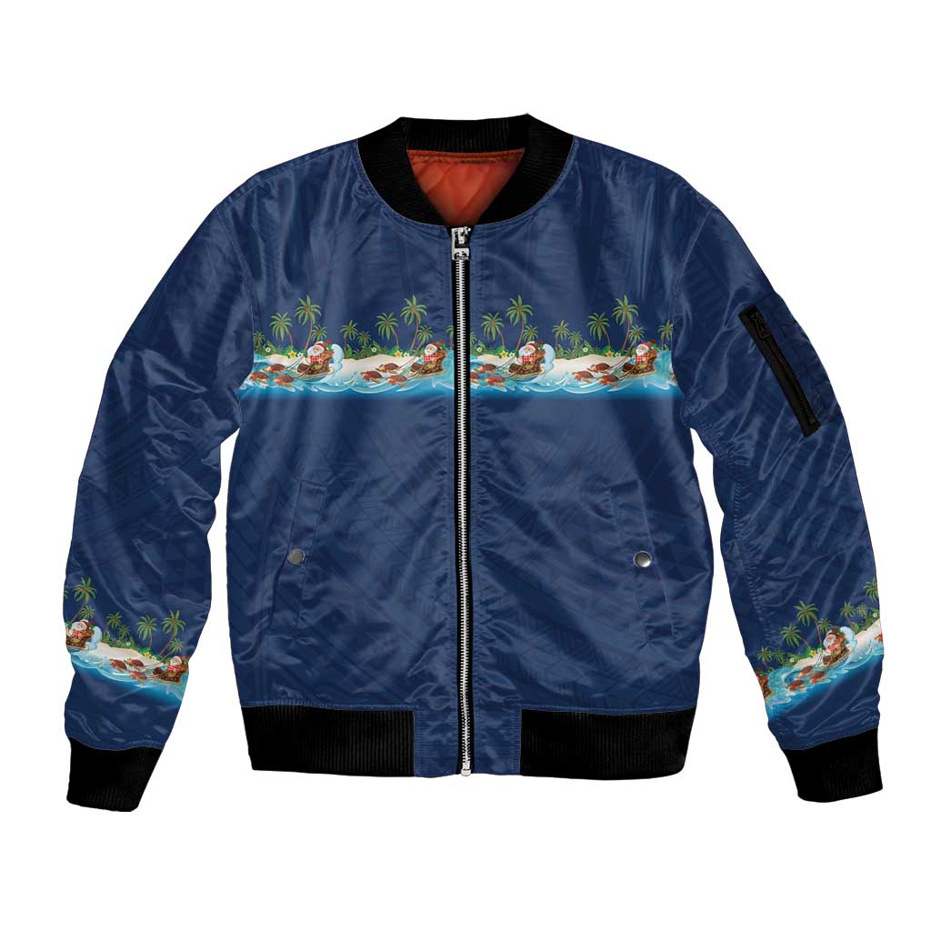 Hawaii Santa Riding Sea Turtle Sleeve Zip Bomber Jacket Mele Kalikimaka Polynesian Pattern - Polynesian Pride