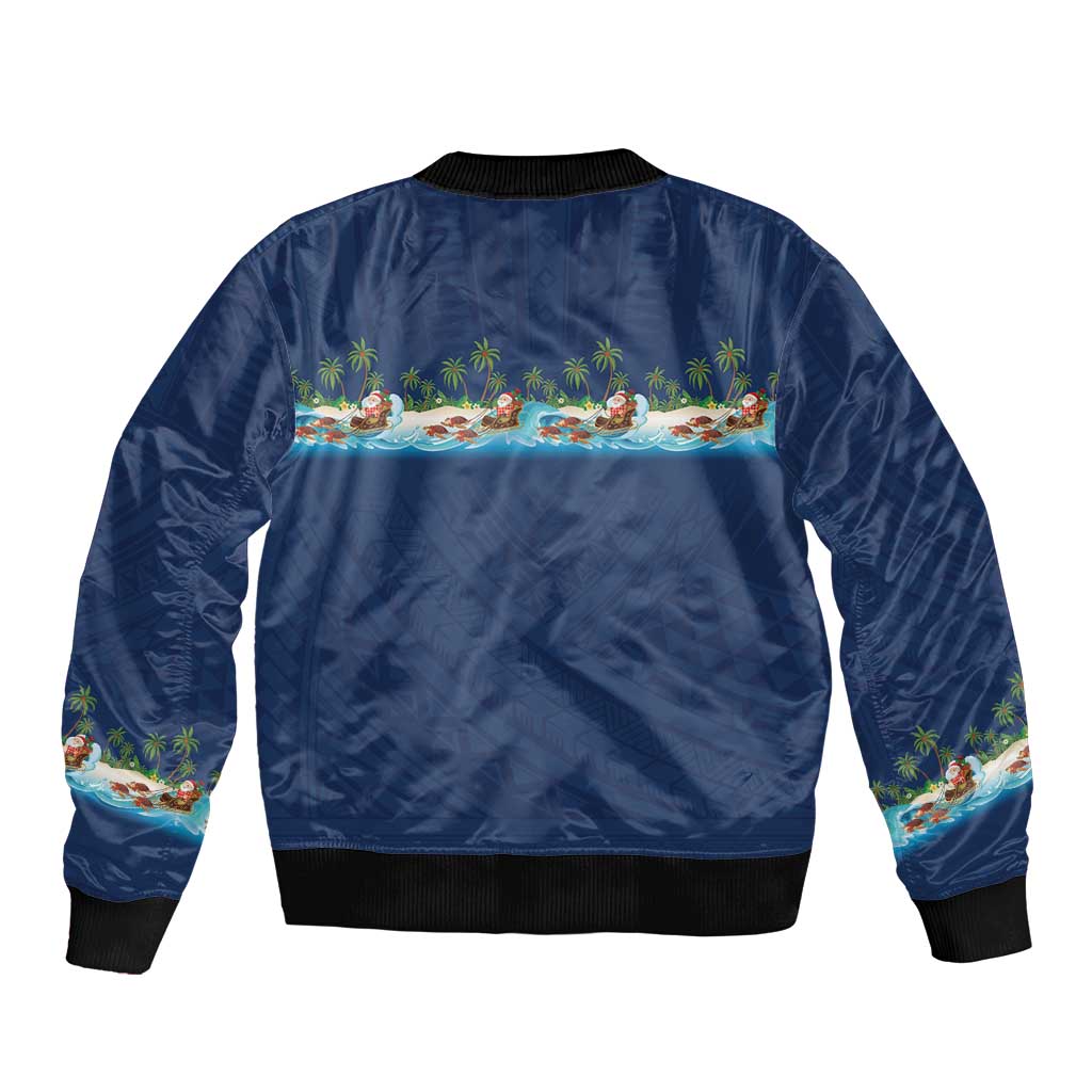 Hawaii Santa Riding Sea Turtle Sleeve Zip Bomber Jacket Mele Kalikimaka Polynesian Pattern - Polynesian Pride