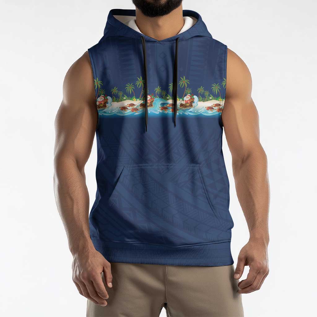 Hawaii Santa Riding Sea Turtle Sleeveless Hoodie Mele Kalikimaka Polynesian Pattern - Polynesian Pride