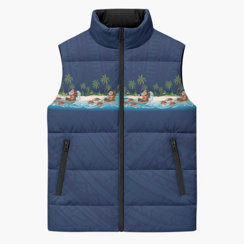 Hawaii Santa Riding Sea Turtle Sleeveless Puffer Jacket Mele Kalikimaka Polynesian Pattern - Polynesian Pride