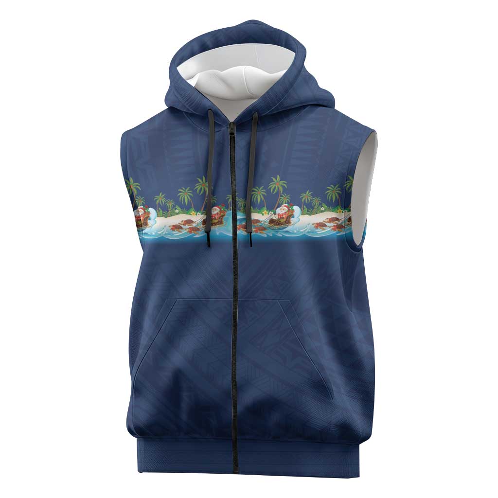 Hawaii Santa Riding Sea Turtle Sleeveless Zip Hoodie Mele Kalikimaka Polynesian Pattern - Polynesian Pride