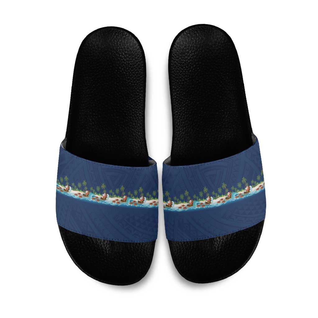 Hawaii Santa Riding Sea Turtle Slide Sandals Mele Kalikimaka Polynesian Pattern - Polynesian Pride