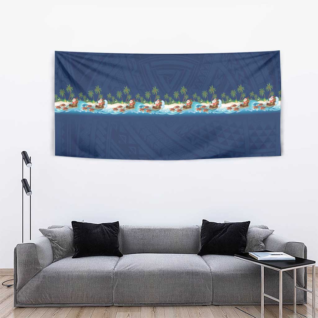 Hawaii Santa Riding Sea Turtle Tapestry Mele Kalikimaka Polynesian Pattern - Polynesian Pride