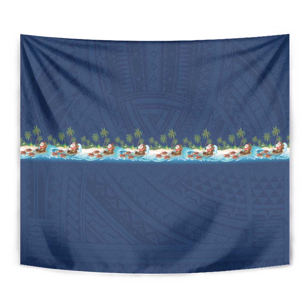 Hawaii Santa Riding Sea Turtle Tapestry Mele Kalikimaka Polynesian Pattern - Polynesian Pride