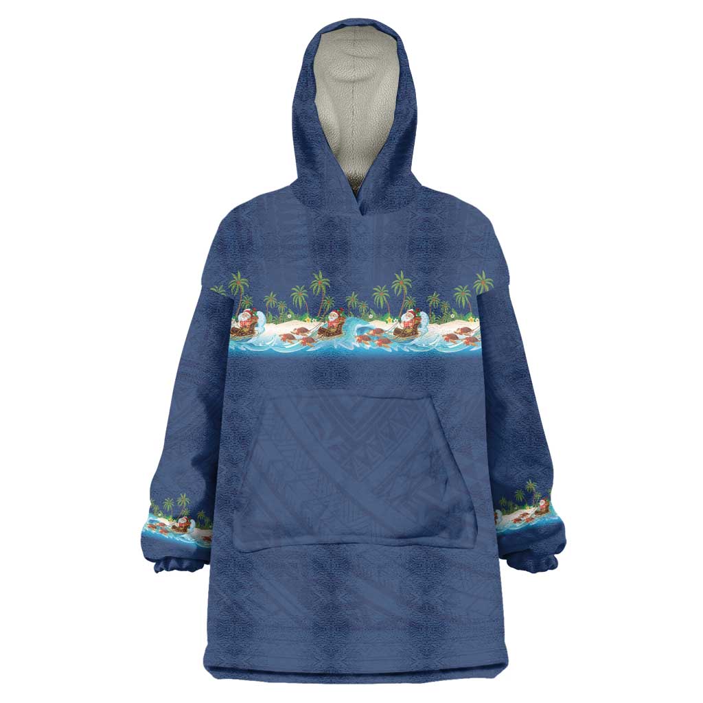 Hawaii Santa Riding Sea Turtle Wearable Blanket Hoodie Mele Kalikimaka Polynesian Pattern - Polynesian Pride