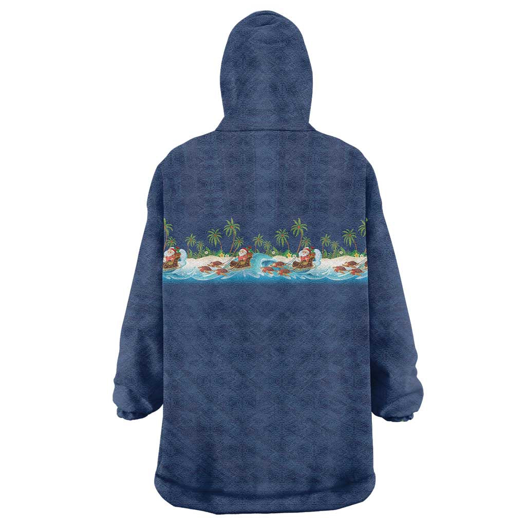 Hawaii Santa Riding Sea Turtle Wearable Blanket Hoodie Mele Kalikimaka Polynesian Pattern - Polynesian Pride