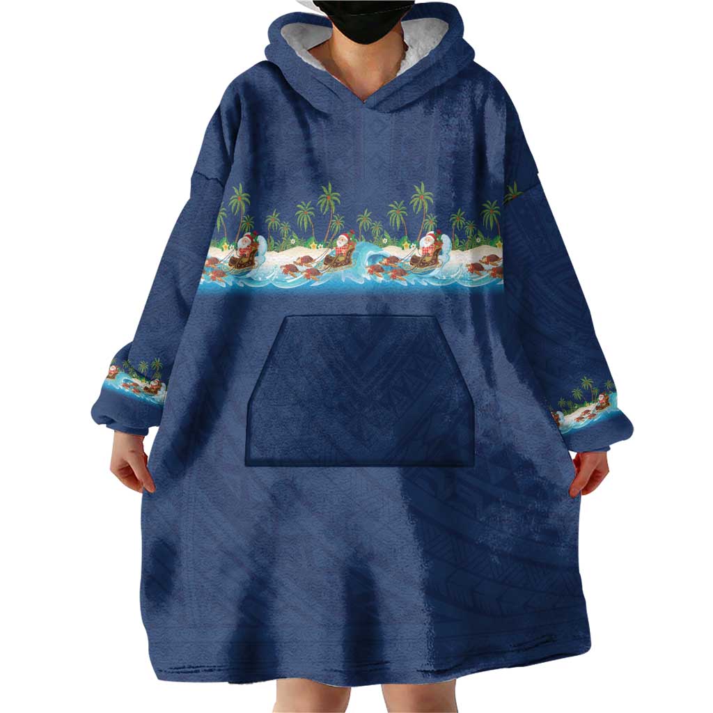 Hawaii Santa Riding Sea Turtle Wearable Blanket Hoodie Mele Kalikimaka Polynesian Pattern - Polynesian Pride