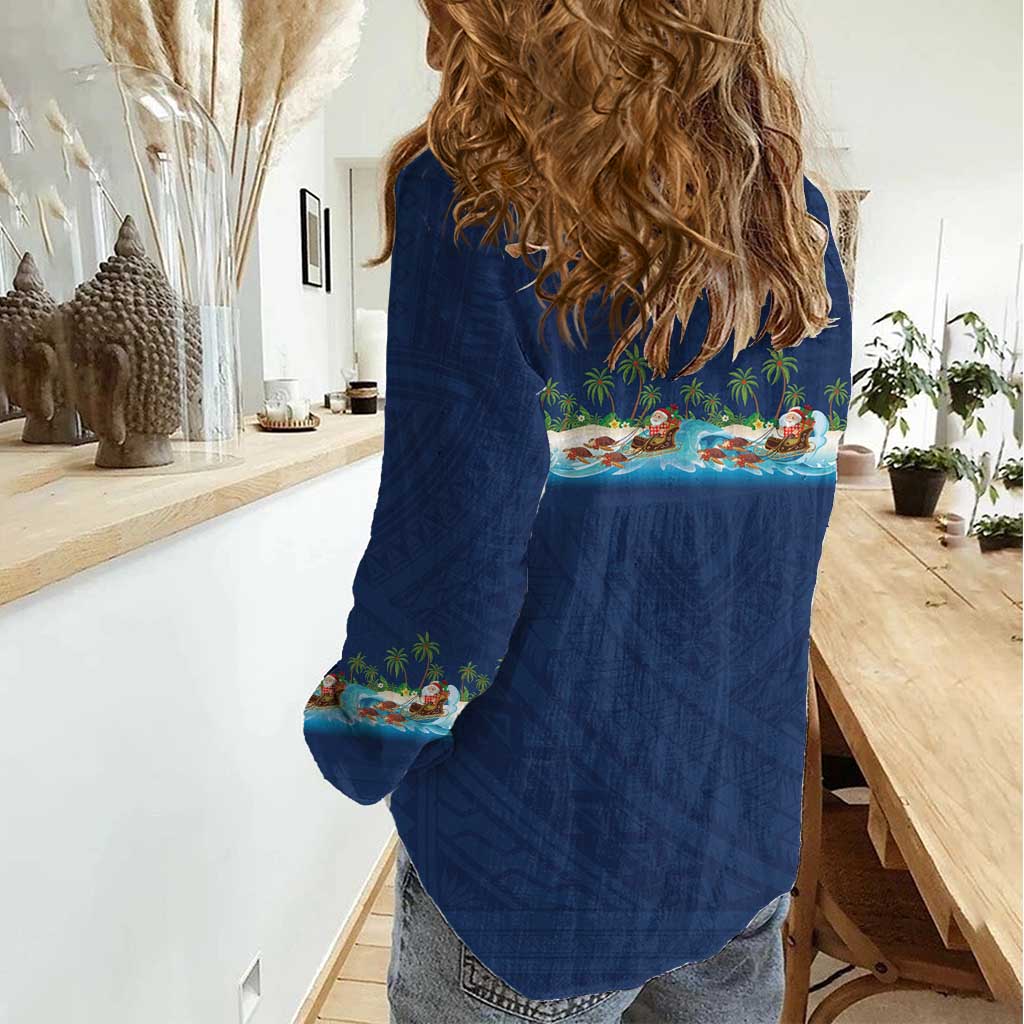 Hawaii Santa Riding Sea Turtle Women Casual Shirt Mele Kalikimaka Polynesian Pattern - Polynesian Pride