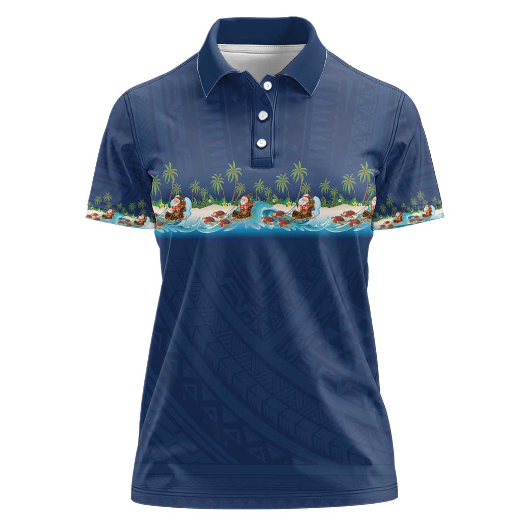 Hawaii Santa Riding Sea Turtle Women Polo Shirt Mele Kalikimaka Polynesian Pattern - Polynesian Pride