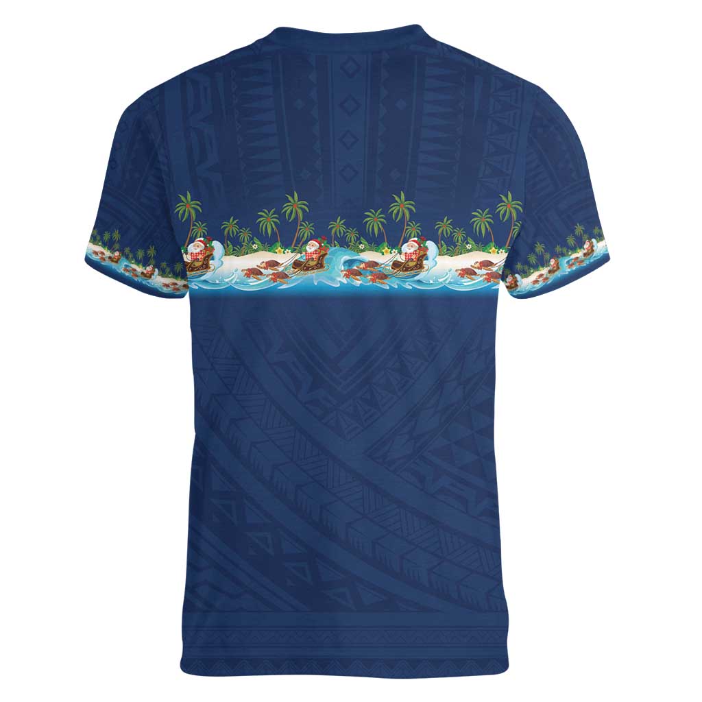 Hawaii Santa Riding Sea Turtle Women V-Neck T-Shirt Mele Kalikimaka Polynesian Pattern - Polynesian Pride