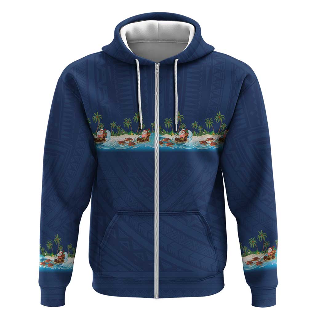 Hawaii Santa Riding Sea Turtle Zip Hoodie Mele Kalikimaka Polynesian Pattern - Polynesian Pride