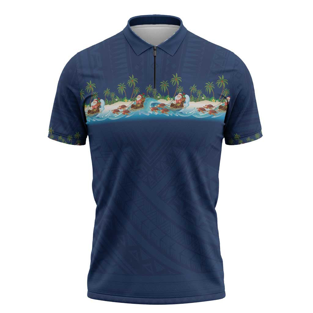 Hawaii Santa Riding Sea Turtle Zipper Polo Shirt Mele Kalikimaka Polynesian Pattern - Polynesian Pride