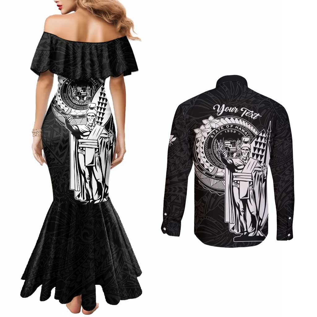 Personalized Hawaii King Kamehameha Couples Matching Mermaid Dress and Long Sleeve Button Shirt Flag Polynesian Pattern