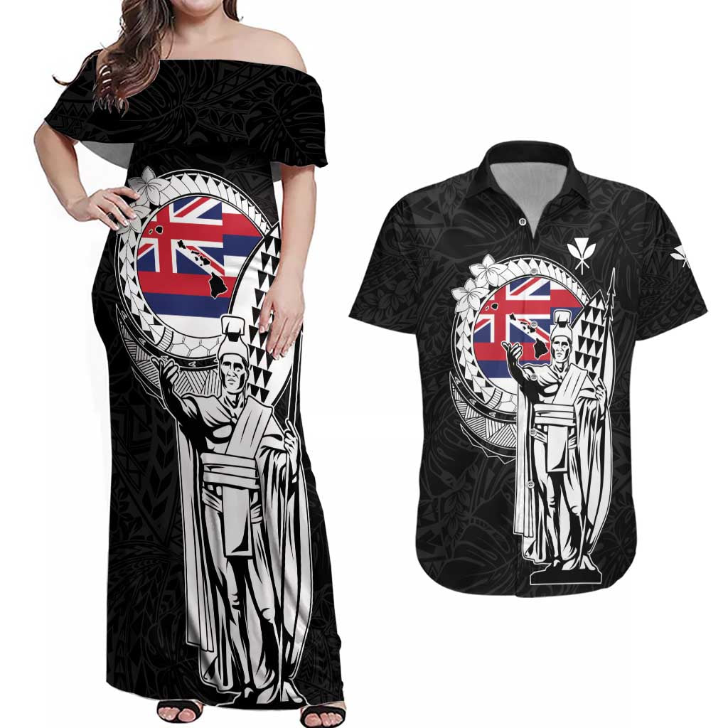 Personalized Hawaii King Kamehameha Couples Matching Off Shoulder Maxi Dress and Hawaiian Shirt Flag Polynesian Pattern
