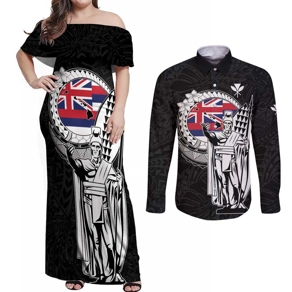 Personalized Hawaii King Kamehameha Couples Matching Off Shoulder Maxi Dress and Long Sleeve Button Shirt Flag Polynesian Pattern LT01 Black - Polynesian Pride