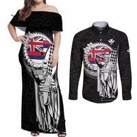 Personalized Hawaii King Kamehameha Couples Matching Off Shoulder Maxi Dress and Long Sleeve Button Shirt Flag Polynesian Pattern LT01 Black - Polynesian Pride