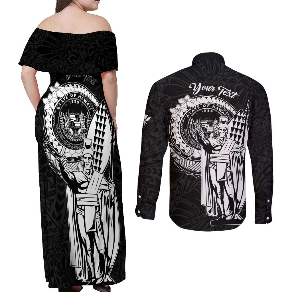 Personalized Hawaii King Kamehameha Couples Matching Off Shoulder Maxi Dress and Long Sleeve Button Shirt Flag Polynesian Pattern LT01 - Polynesian Pride