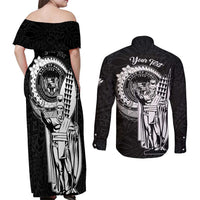 Personalized Hawaii King Kamehameha Couples Matching Off Shoulder Maxi Dress and Long Sleeve Button Shirt Flag Polynesian Pattern LT01 - Polynesian Pride