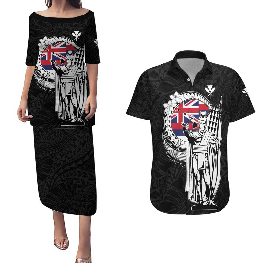 Personalized Hawaii King Kamehameha Couples Matching Puletasi and Hawaiian Shirt Flag Polynesian Pattern