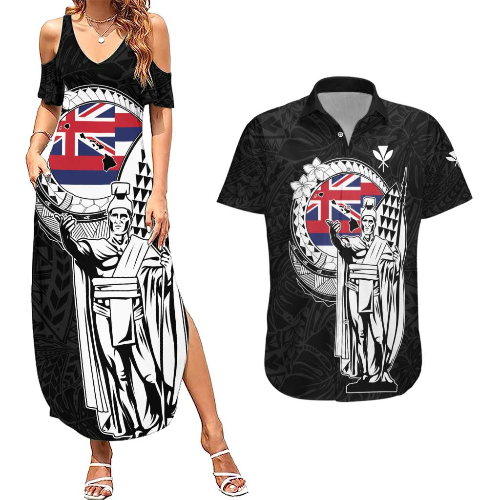 Personalized Hawaii King Kamehameha Couples Matching Summer Maxi Dress and Hawaiian Shirt Flag Polynesian Pattern