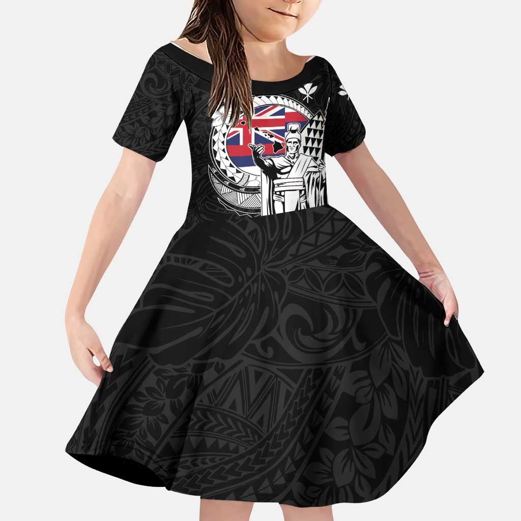 Personalized Hawaii King Kamehameha Family Matching Summer Maxi Dress and Hawaiian Shirt Flag Polynesian Pattern LT01 Daughter's Dress Black - Polynesian Pride