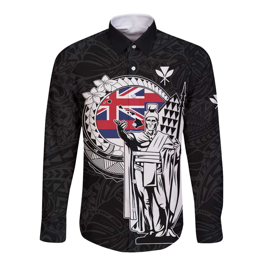 Personalized Hawaii King Kamehameha Long Sleeve Button Shirt Flag Polynesian Pattern LT01 Unisex Black - Polynesian Pride