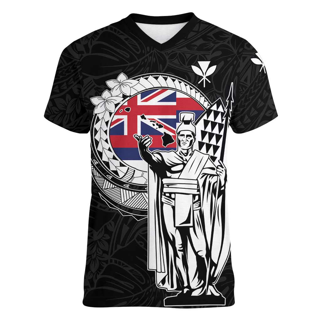 Personalized Hawaii King Kamehameha Women V-Neck T-Shirt Flag Polynesian Pattern