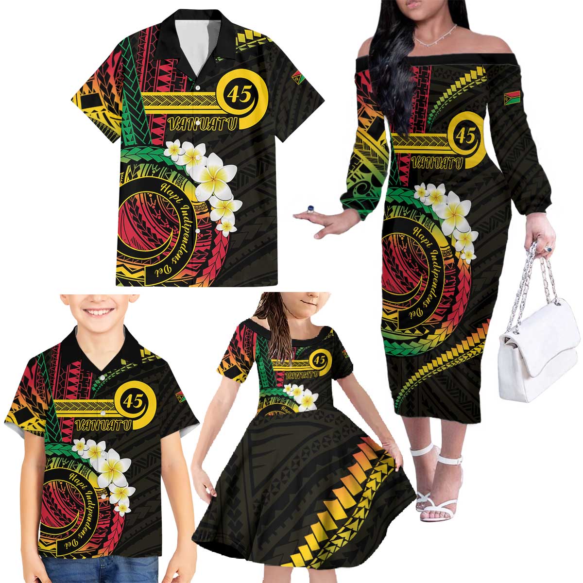 Vanuatu Independence Day Family Matching Off The Shoulder Long Sleeve Dress and Hawaiian Shirt Yumi 45th Hapi Indipendens Dei LT01
