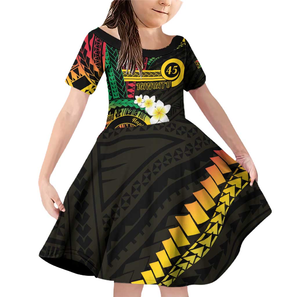Vanuatu Independence Day Family Matching Off Shoulder Short Dress and Hawaiian Shirt Yumi 45th Hapi Indipendens Dei LT01 Daughter's Dress Black - Polynesian Pride