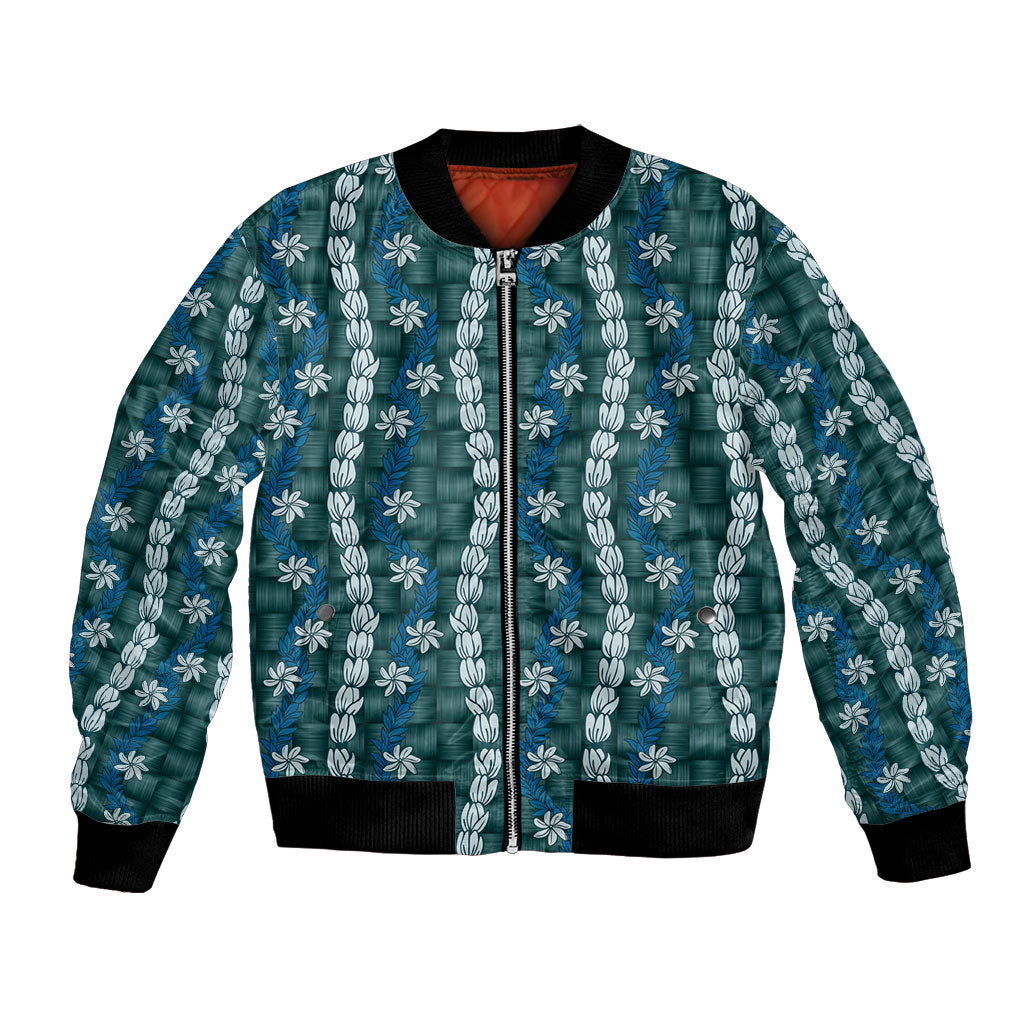 Pikake Maile Tiare Lei Bomber Jacket Polu Lauhala Pattern LT01 Unisex Blue - Polynesian Pride
