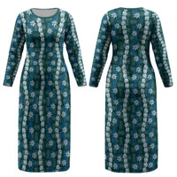 Pikake Maile Tiare Lei Couples Matching Long Sleeve Bodycon Dress and Long Sleeve Button Shirt Polu Lauhala Pattern LT01 - Polynesian Pride