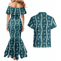 Pikake Maile Tiare Lei Couples Matching Mermaid Dress and Hawaiian Shirt Polu Lauhala Pattern