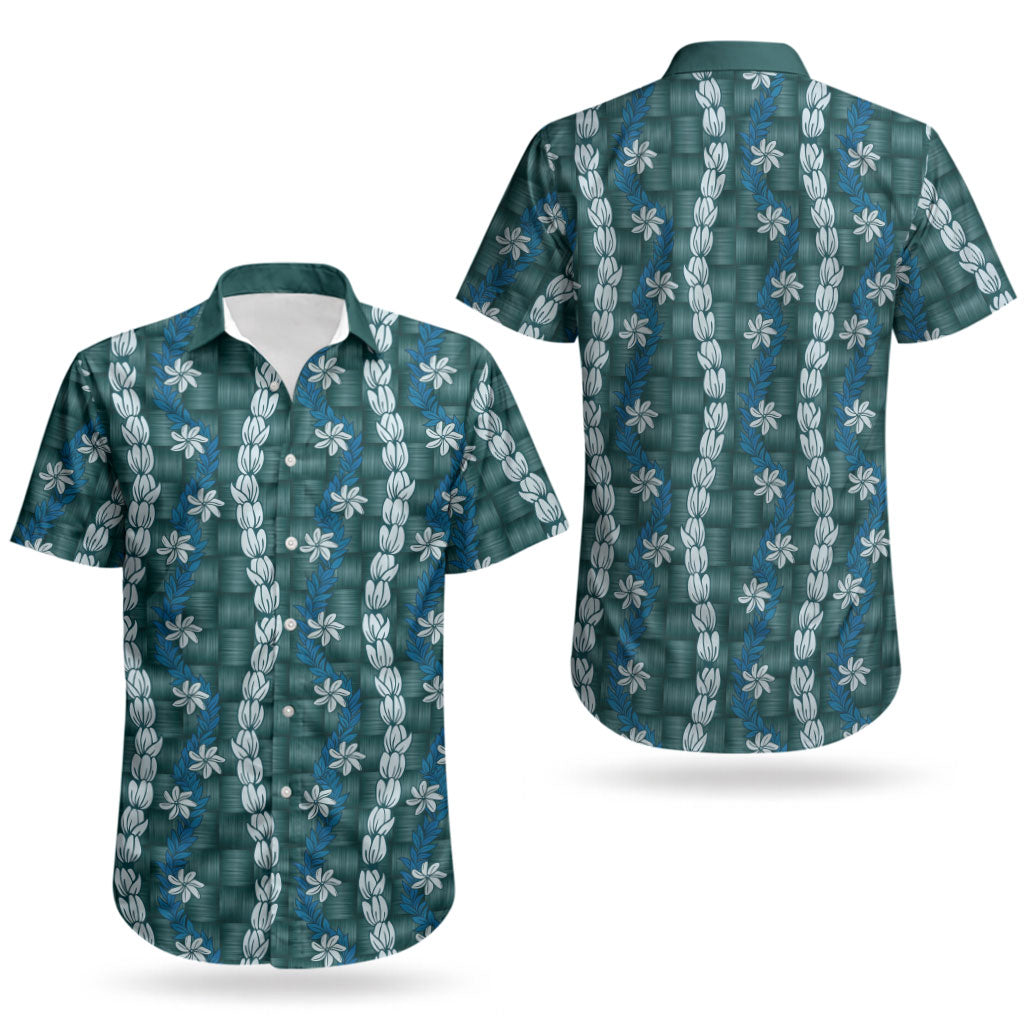 Pikake Maile Tiare Lei Couples Matching Off Shoulder Short Dress and Hawaiian Shirt Polu Lauhala Pattern LT01 - Polynesian Pride