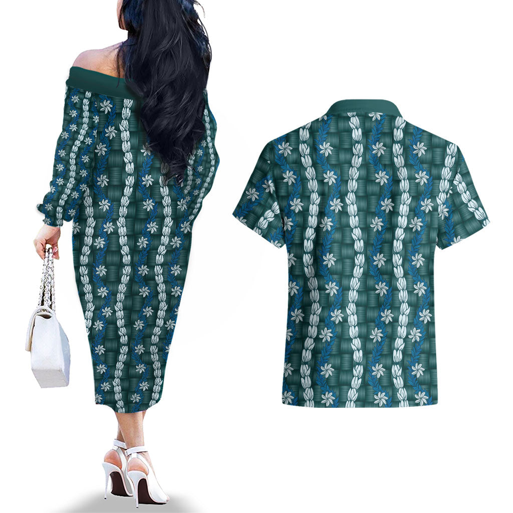 Pikake Maile Tiare Lei Couples Matching Off The Shoulder Long Sleeve Dress and Hawaiian Shirt Polu Lauhala Pattern LT01 - Polynesian Pride